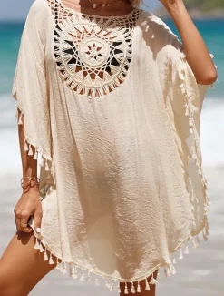 Women's Beach Cover-Up White Crochet Tassel Bohemian Poncho Casual Summer One Size Fits Most Breathable Lightweight