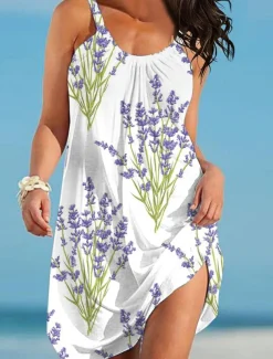 Women's Beach Dress Floral Leaf Print Spaghetti Strap Mini Dress Basic Casual Daily Vacation Sleeveless Summer Spring