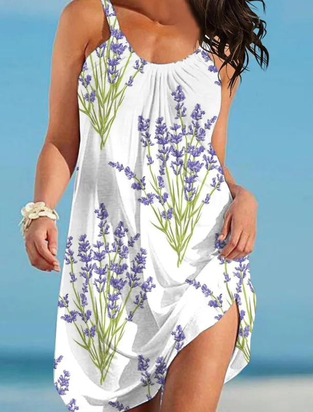 Women's Beach Dress Floral Leaf Print Spaghetti Strap Mini Dress Basic Casual Daily Vacation Sleeveless Summer Spring