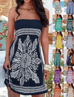 Women's Beach Dress Resort Wear Beach Wear Mini Dress Print Hot Elegant Graphic Strapless Sleeveless Standard Fit Daily Going out Multicolor Black 2023 Summer Spring S M L XL