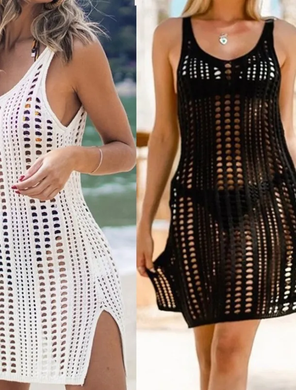 Women's Beach Dress Sleeveless Scoop Neck Knit Side Slit Multicolor Semi-Sheer Summer Vacation Casual Relaxed Fit White One-Size