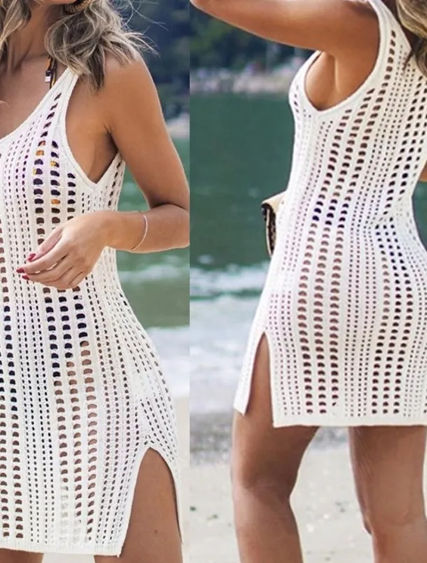 Women's Beach Dress Sleeveless Scoop Neck Knit Side Slit Multicolor Semi-Sheer Summer Vacation Casual Relaxed Fit White One-Size