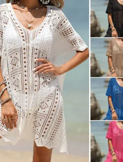 Women's Beach Dresses Cut Out Crochet Beach Wear Holiday Sleeveless Black White Blue Color