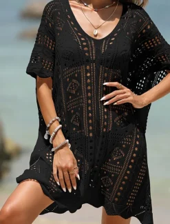 Women's Beach Dresses Cut Out Crochet Beach Wear Holiday Sleeveless Black White Blue Color