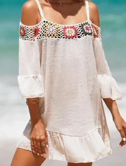 Women's Beach Dresses Ruffle Cut Out Beach Wear Holiday Long Sleeve Black White Yellow Color
