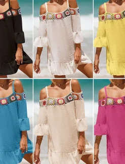 Women's Beach Dresses Ruffle Cut Out Beach Wear Holiday Long Sleeve Black White Yellow Color