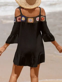 Women's Beach Dresses Ruffle Cut Out Beach Wear Holiday Long Sleeve Black White Yellow Color