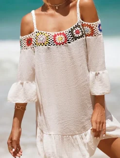 Women's Beach Dresses Ruffle Cut Out Beach Wear Holiday Long Sleeve Black White Yellow Color