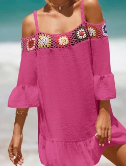 Women's Beach Dresses Ruffle Cut Out Beach Wear Holiday Long Sleeve Black White Yellow Color