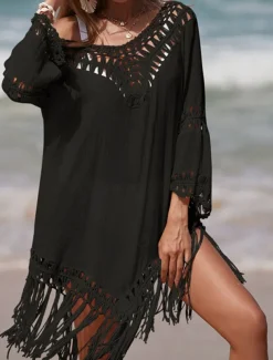 Women's Beach Dresses Tassel Cut Out Beach Wear Holiday Long Sleeve Black White Blue Color