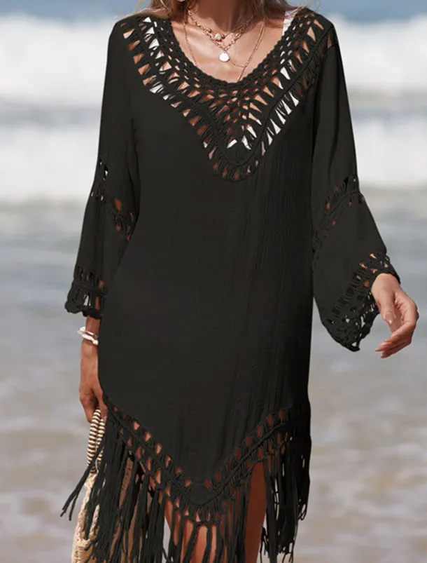 Women's Beach Dresses Tassel Cut Out Beach Wear Holiday Long Sleeve Black White Blue Color