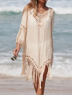 Women's Beach Dresses Tassel Cut Out Beach Wear Holiday Long Sleeve Black White Blue Color