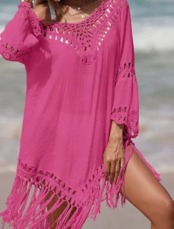 Women's Beach Dresses Tassel Cut Out Beach Wear Holiday Long Sleeve Black White Blue Color