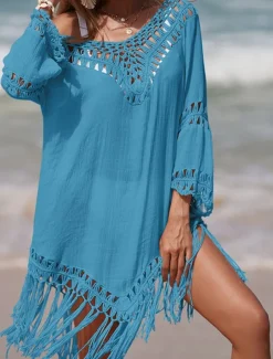 Women's Beach Dresses Tassel Cut Out Beach Wear Holiday Long Sleeve Black White Blue Color