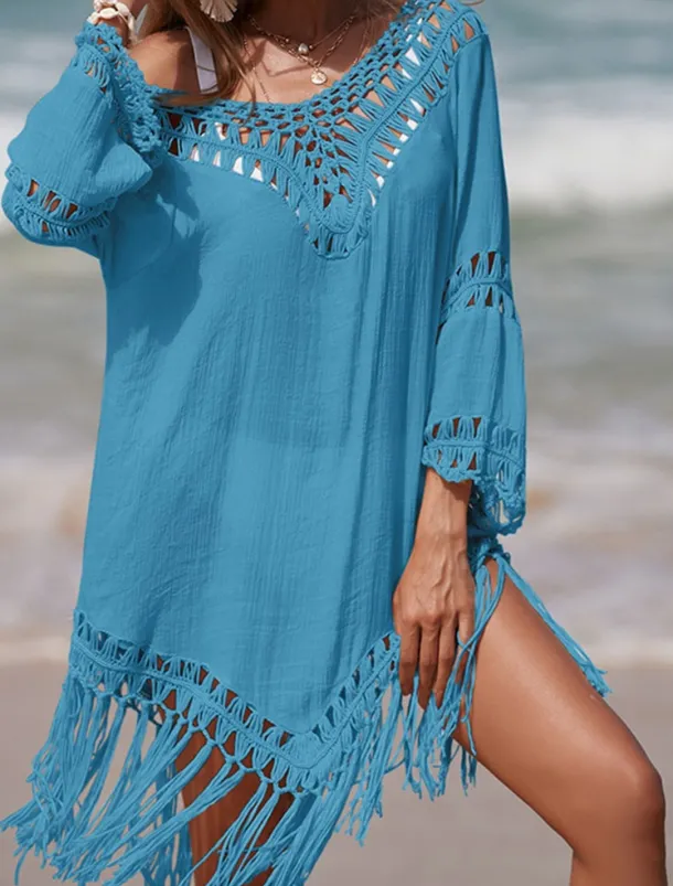 Women's Beach Dresses Tassel Cut Out Beach Wear Holiday Long Sleeve Black White Blue Color