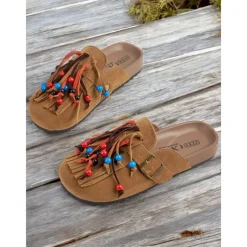 Women's Beaded Fringe Mules – Tan Suede Slip-On Loafers with Colorful Tassels and Buckle Strap for Boho Style, Casual Outings, and Summer Festivals