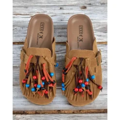 Women's Beaded Fringe Mules – Tan Suede Slip-On Loafers with Colorful Tassels and Buckle Strap for Boho Style, Casual Outings, and Summer Festivals