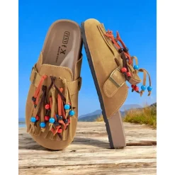 Women's Beaded Fringe Mules – Tan Suede Slip-On Loafers with Colorful Tassels and Buckle Strap for Boho Style, Casual Outings, and Summer Festivals