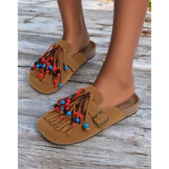 Women's Beaded Fringe Mules – Tan Suede Slip-On Loafers with Colorful Tassels and Buckle Strap for Boho Style, Casual Outings, and Summer Festivals