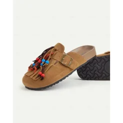 Women's Beaded Fringe Mules – Tan Suede Slip-On Loafers with Colorful Tassels and Buckle Strap for Boho Style, Casual Outings, and Summer Festivals