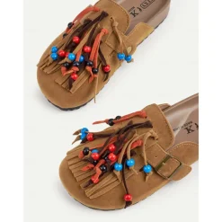 Women's Beaded Fringe Mules – Tan Suede Slip-On Loafers with Colorful Tassels and Buckle Strap for Boho Style, Casual Outings, and Summer Festivals