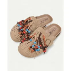 Women's Beaded Fringe Mules – Tan Suede Slip-On Loafers with Colorful Tassels and Buckle Strap for Boho Style, Casual Outings, and Summer Festivals