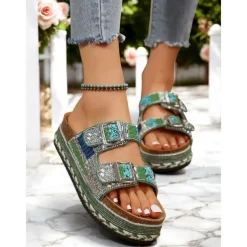 Women's Beaded Platform Slide Sandals – Bohemian Style Slip-On Sandals for Beach, Festivals & Casual Outings