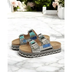 Women's Beaded Platform Slide Sandals – Bohemian Style Slip-On Sandals for Beach, Festivals & Casual Outings
