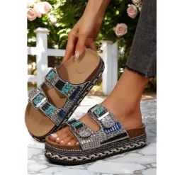Women's Beaded Platform Slide Sandals – Bohemian Style Slip-On Sandals for Beach, Festivals & Casual Outings
