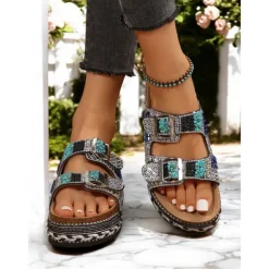 Women's Beaded Platform Slide Sandals – Bohemian Style Slip-On Sandals for Beach, Festivals & Casual Outings