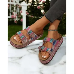 Women's Beaded Platform Slide Sandals – Bohemian Style Slip-On Sandals for Beach, Festivals & Casual Outings