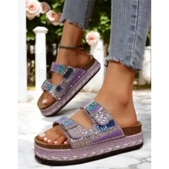 Women's Beaded Platform Slide Sandals – Bohemian Style Slip-On Sandals for Beach, Festivals & Casual Outings
