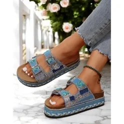 Women's Beaded Platform Slide Sandals – Bohemian Style Slip-On Sandals for Beach, Festivals & Casual Outings