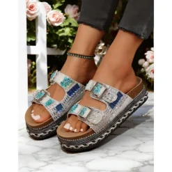 Women's Beaded Platform Slide Sandals – Bohemian Style Slip-On Sandals for Beach, Festivals & Casual Outings