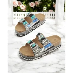 Women's Beaded Platform Slide Sandals – Bohemian Style Slip-On Sandals for Beach, Festivals & Casual Outings