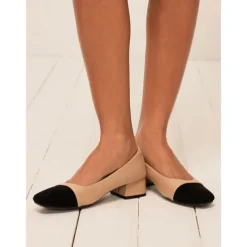 Women's Beige and Black Low Block Heel Pumps – Classic Two-Tone Leather Office Shoes for Work and Casual Wear