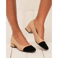 Women's Beige and Black Low Block Heel Pumps – Classic Two-Tone Leather Office Shoes for Work and Casual Wear