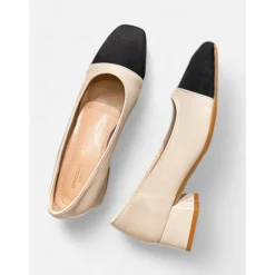 Women's Beige and Black Low Block Heel Pumps – Classic Two-Tone Leather Office Shoes for Work and Casual Wear