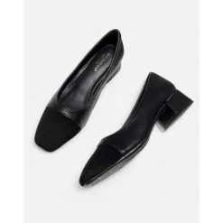 Women's Beige and Black Low Block Heel Pumps – Classic Two-Tone Leather Office Shoes for Work and Casual Wear