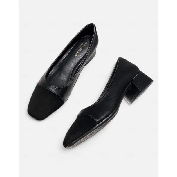 Women's Beige and Black Low Block Heel Pumps – Classic Two-Tone Leather Office Shoes for Work and Casual Wear