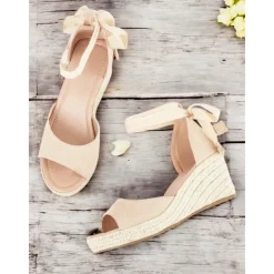 Women's Beige Espadrille Wedge Sandals with Ankle Wrap, Open-Toe Summer Shoes for Beach, Casual, and Vacation Wear