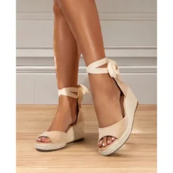 Women's Beige Espadrille Wedge Sandals with Ankle Wrap, Open-Toe Summer Shoes for Beach, Casual, and Vacation Wear