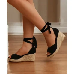 Women's Beige Espadrille Wedge Sandals with Ankle Wrap, Open-Toe Summer Shoes for Beach, Casual, and Vacation Wear