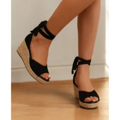 Women's Beige Espadrille Wedge Sandals with Ankle Wrap, Open-Toe Summer Shoes for Beach, Casual, and Vacation Wear