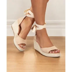 Women's Beige Espadrille Wedge Sandals with Ankle Wrap, Open-Toe Summer Shoes for Beach, Casual, and Vacation Wear