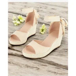 Women's Beige Espadrille Wedge Sandals with Ankle Wrap, Open-Toe Summer Shoes for Beach, Casual, and Vacation Wear