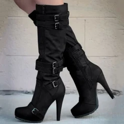 Women's Beige Knee-High Stiletto Boots with Buckle Straps and Side Zipper, Sexy High Heel Boots for Fashionable Night Out