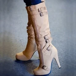 Women's Beige Knee-High Stiletto Boots with Buckle Straps and Side Zipper, Sexy High Heel Boots for Fashionable Night Out