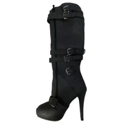 Women's Beige Knee-High Stiletto Boots with Buckle Straps and Side Zipper, Sexy High Heel Boots for Fashionable Night Out