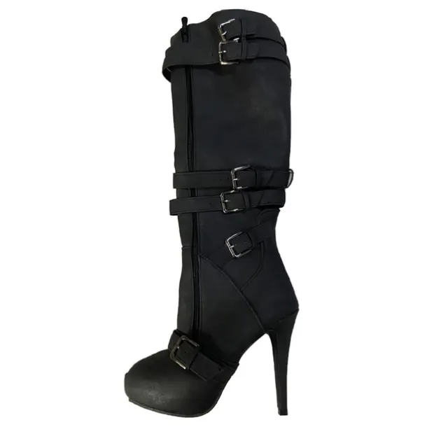 Women's Beige Knee-High Stiletto Boots with Buckle Straps and Side Zipper, Sexy High Heel Boots for Fashionable Night Out